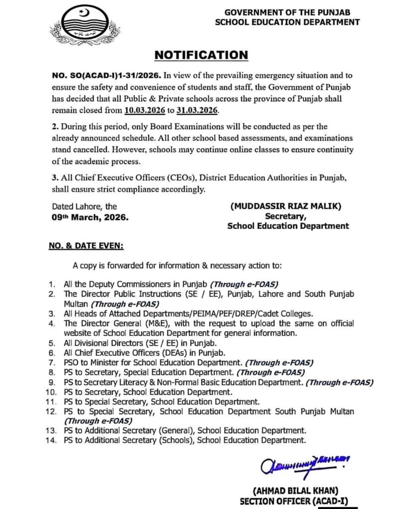 Punjab School Holidays 10–31 March 2026 – Official Notification